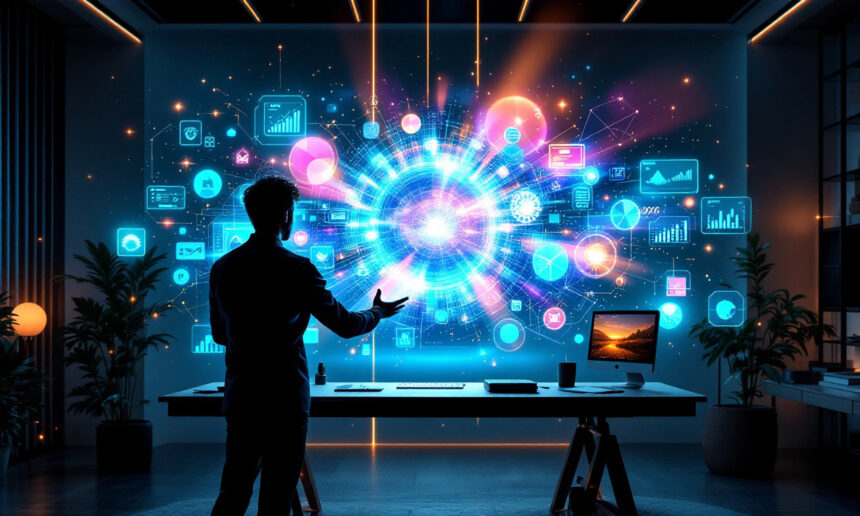 En person står i et mørkt, moderne kontor foran en stor digital skærm med farverige datatabeller, grafer og netværksikoner, der antyder avanceret teknologi eller dataanalyse. Et skrivebord med en computer står i forgrunden. - Kunstig intelligens AI